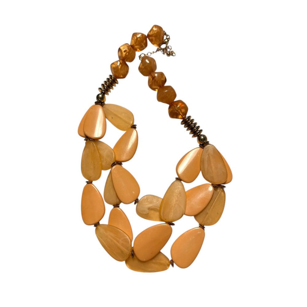 Peach Amber Resin Teardrop Statement Bib‎ Necklace Gold Tone Multi Strand Chunky